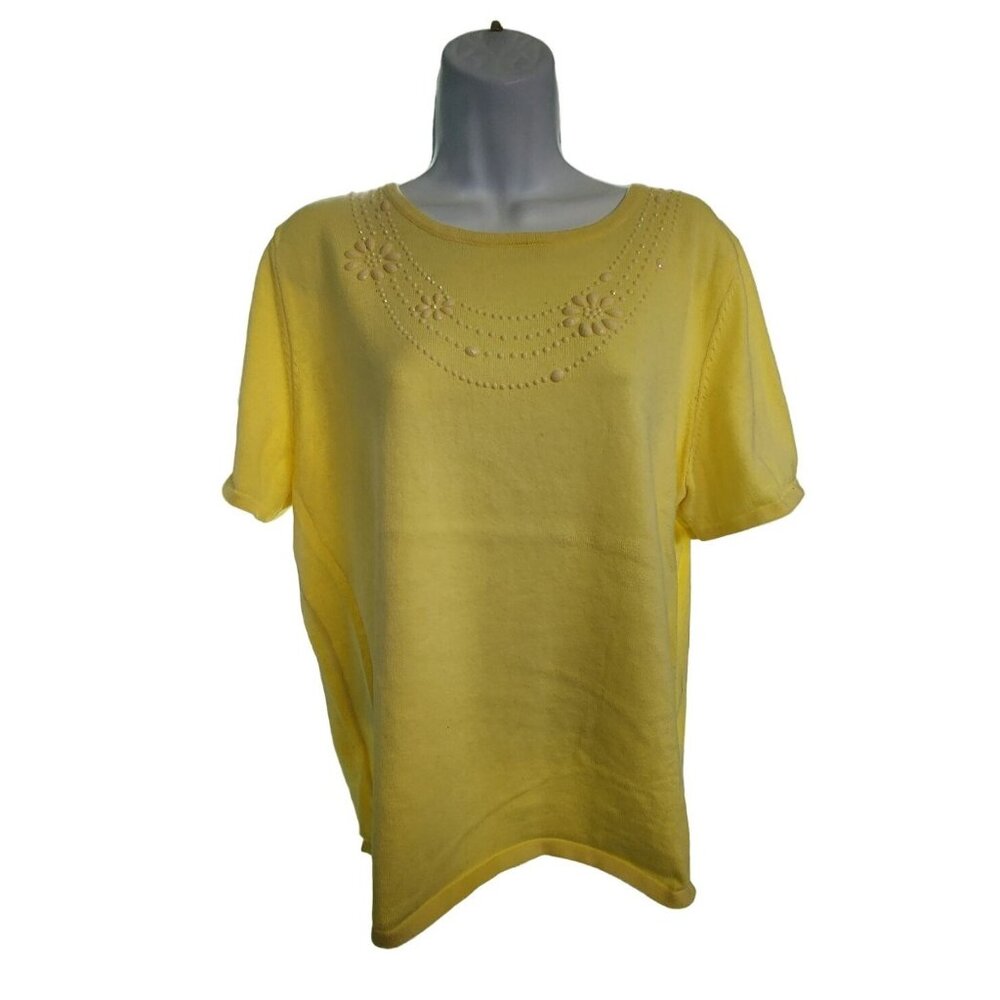 Alfred Dunner Yellow Beaded Knit Top Size Small Cottagecore Grannycore